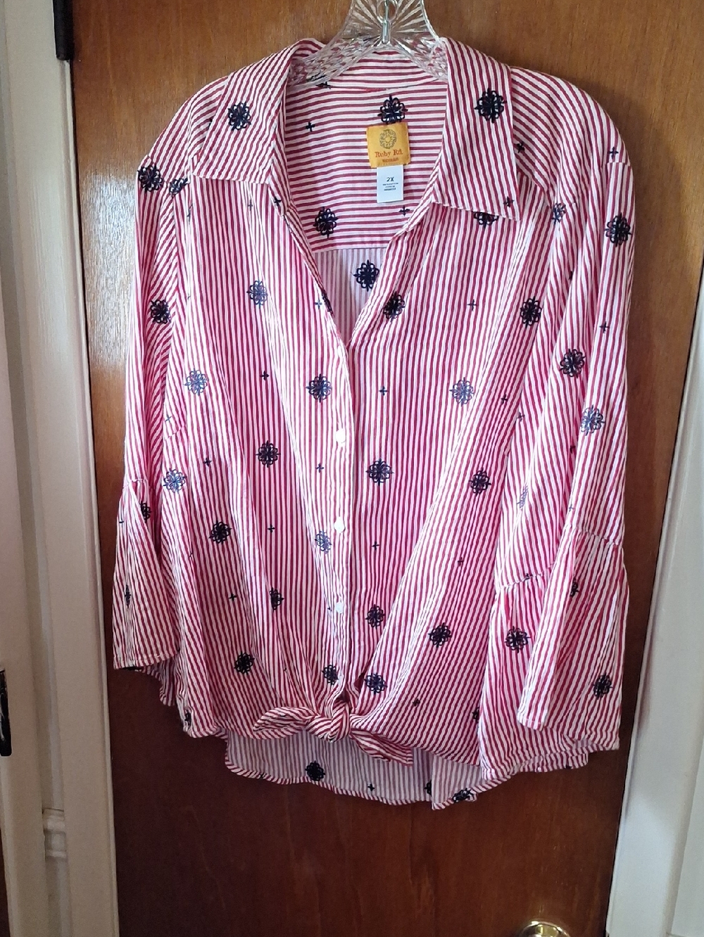 Ruby Rd. Red and White Striped Knot-Front Top with Navy Embroidery 2X